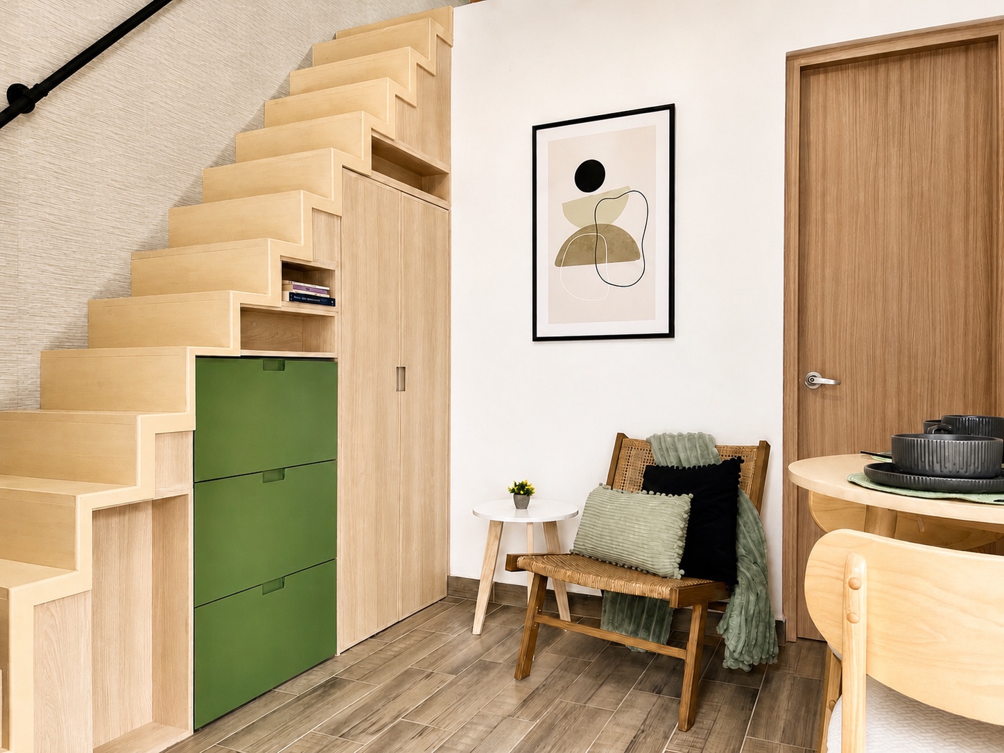 Interior de Loft Verde Vid con escalera, almacenamiento y área de descanso